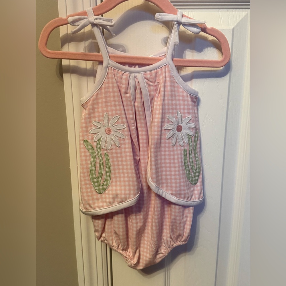 Angel Dear Pink Gingham Daisy Appliqué Romper